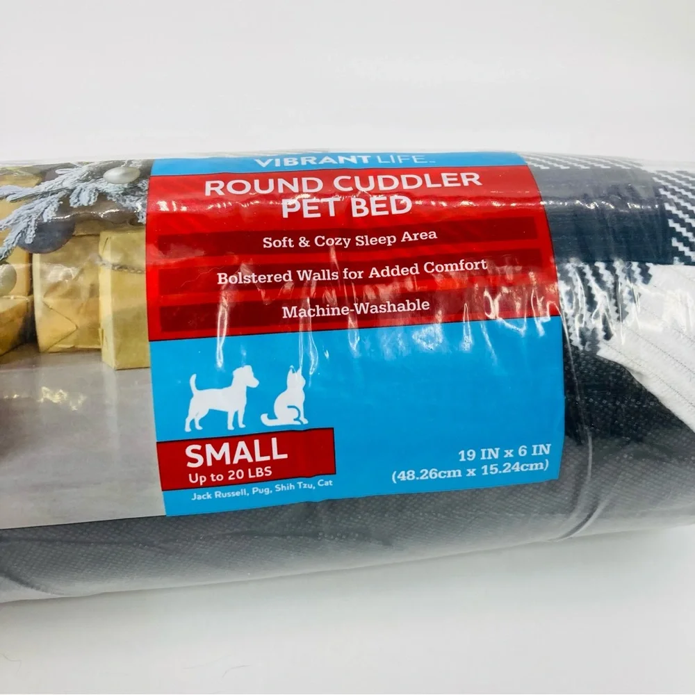 Vibrantlife Round Cuddler Pet Bed Small 6x19” Black White Plaid Checkered